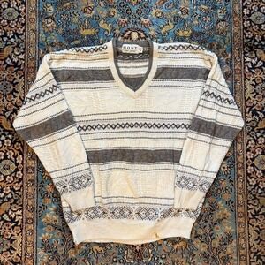 Vintage Cream and Grey Striped Wool Sweatshirt Crewneck